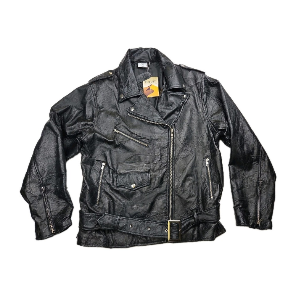 Vintage‎ 90's Flight Path Leather Jacket Deadstock Moto Biker Patchwork Black L